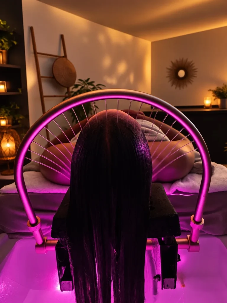 Arche de massage du Head Spa de L’Évasion à Prinquiau, éclairée en rose