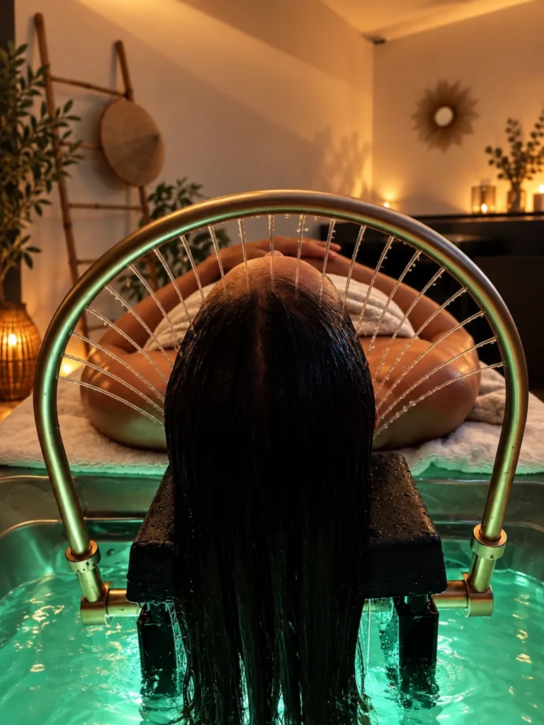 Bac et arche du Head Spa de L’Évasion à Prinquiau, éclairés en vert d’eau