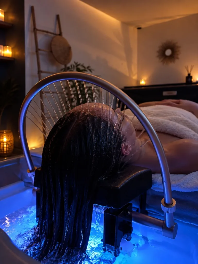 Soin japonais du cuir chevelu au Head Spa de L’Évasion à Prinquiau, lumière bleue