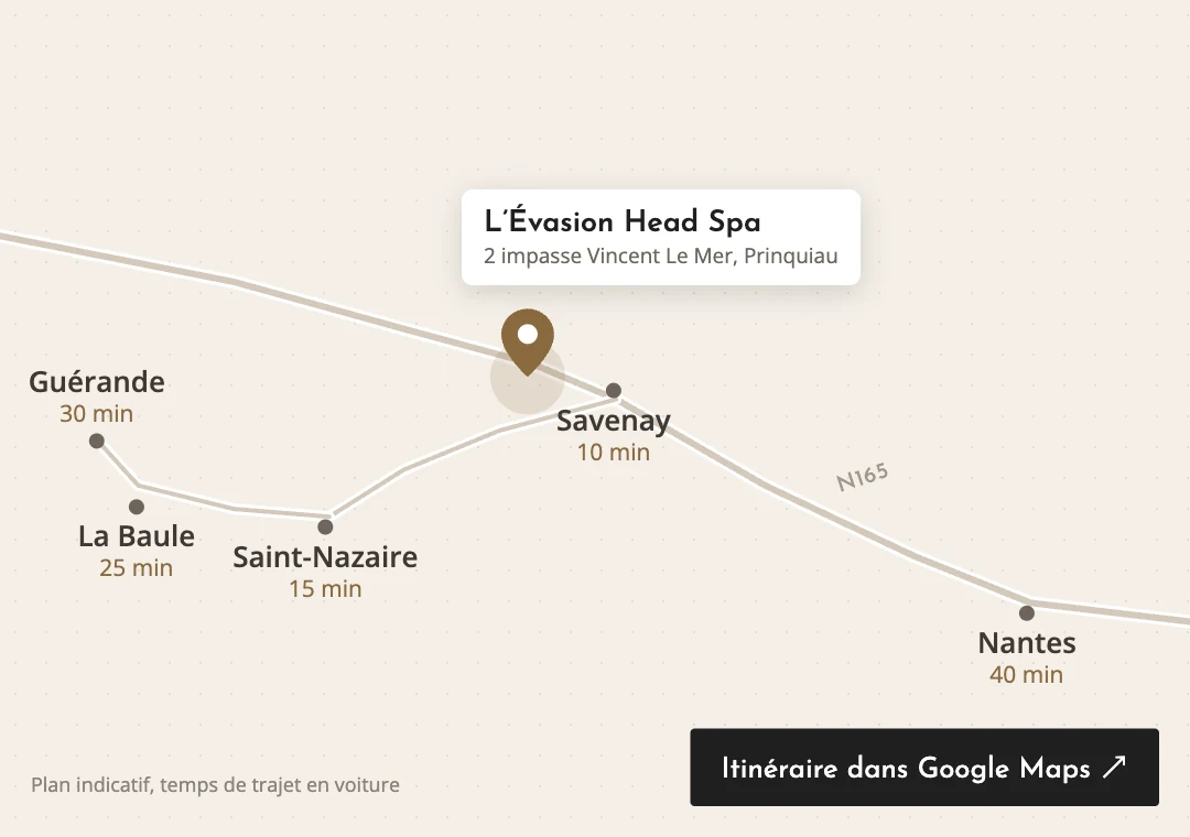 Plan d’accès au Head Spa L’Évasion à Prinquiau : 10 min de Savenay, 15 min de Saint-Nazaire, 25 min de La Baule, 40 min de Nantes